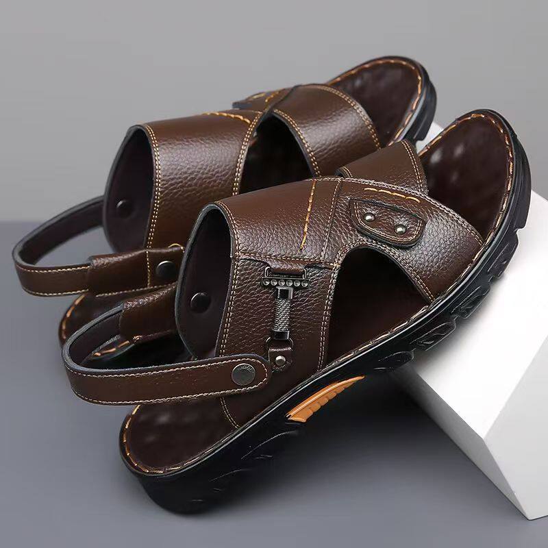 Dép sandal nam da bò thật quai ngang hở mũi, đế mềm chống trượt, đi biển và đi ngoài trời — GX màu nâu 23088, GX đen 23088