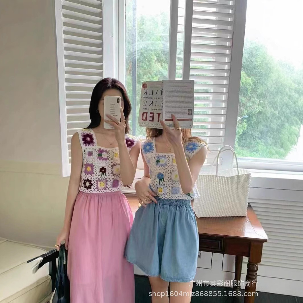 Retro knitted spring short lace vest sleevless
