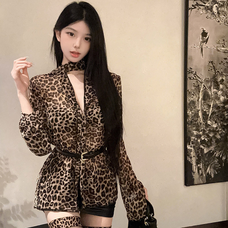Cross-border American Leopard V-neck Long-sleeved Chiffon Shirt Women's Summer/Sun-protective Shirt Pure Desire Mid-length Shirt Thin Top