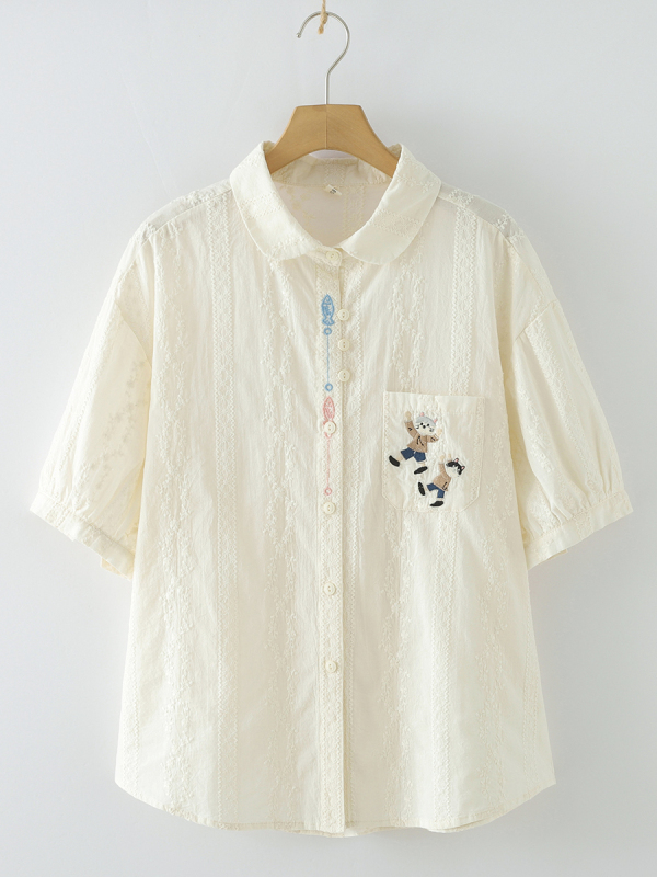 Japanese-Style Artistic Embroidered Short-Sleeve Shirt for Women, Summer Fresh and Sweet, Age-Reducing Pure Cotton Embroidered Doll Collar Top Japanese-Style Artistic Embroidered Short-Sleeve Shirt for Women, Summer Fresh and Sweet, Age-Reducing Pure Cotton Embroidered Doll Collar Top