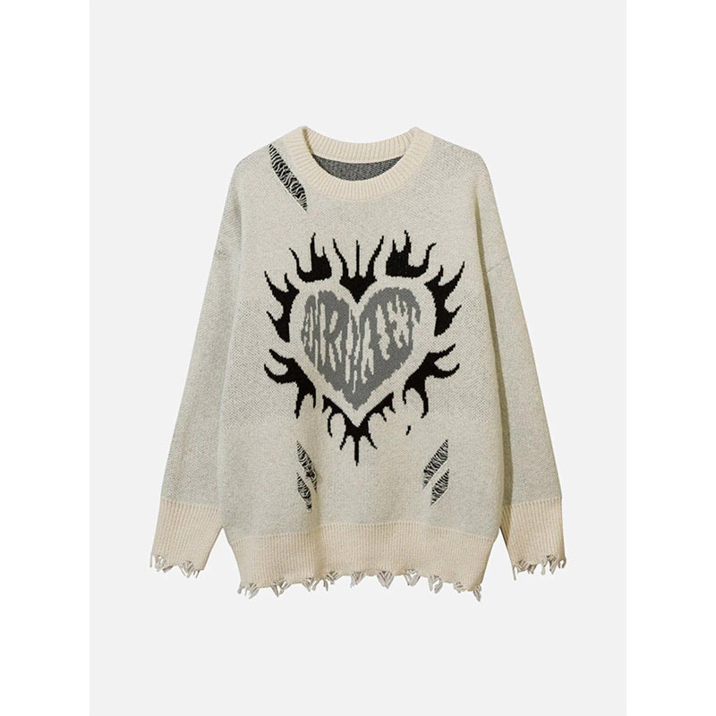 Herrenbekleidung Mode Retro Hip Hop lockerer Freizeitpullover Herzförmiger Flammenloch-Jacquardpullover Herren- und Damenoberteile_voghion.com