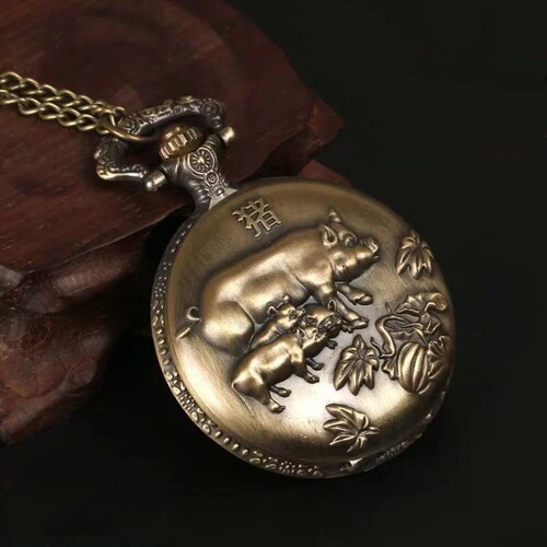 Large 12 Zodiac Creative Engraved Vintage Bronze Cuff Watch with Chain, Accompanied by a Small Quartz Watch with Hinged Cover
