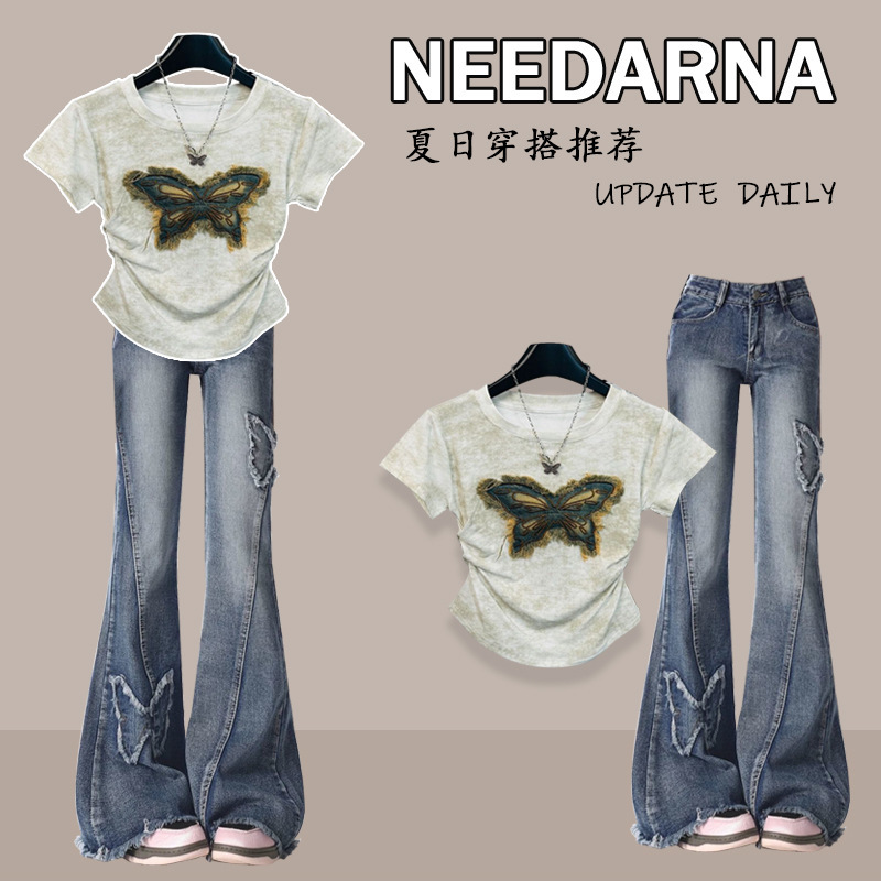 Denim suit# Summer Butterfly Applique Slim-fit Short-sleeved American Style Retro Butterfly Embroidered Micro-flared Pants