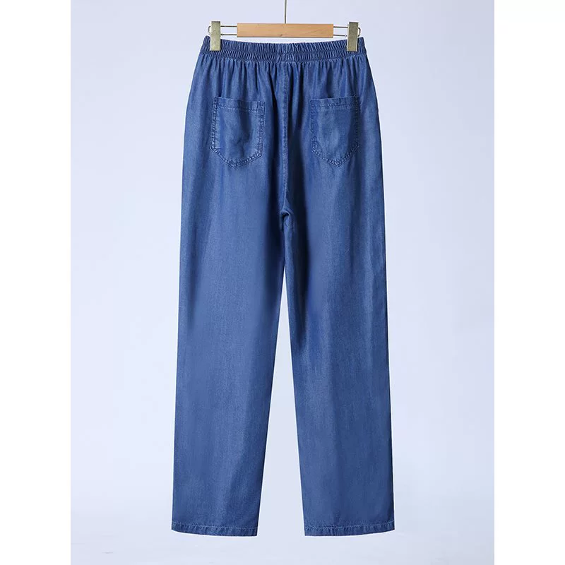 2025 Весна-Лето Тонкие Джинсы из Тенселя для Женщин Среднего и Пожилого Возраста, Шелковые Брюки для Мам, Высокая Талия, Прямые Брюки