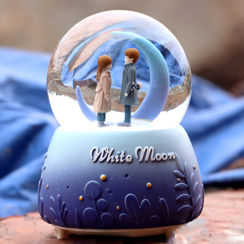 White Moonlight Couple Music Box Blue Purple Classic Snow Glowing Crystal Ball Ornament for Girls Birthday Gift Shop
