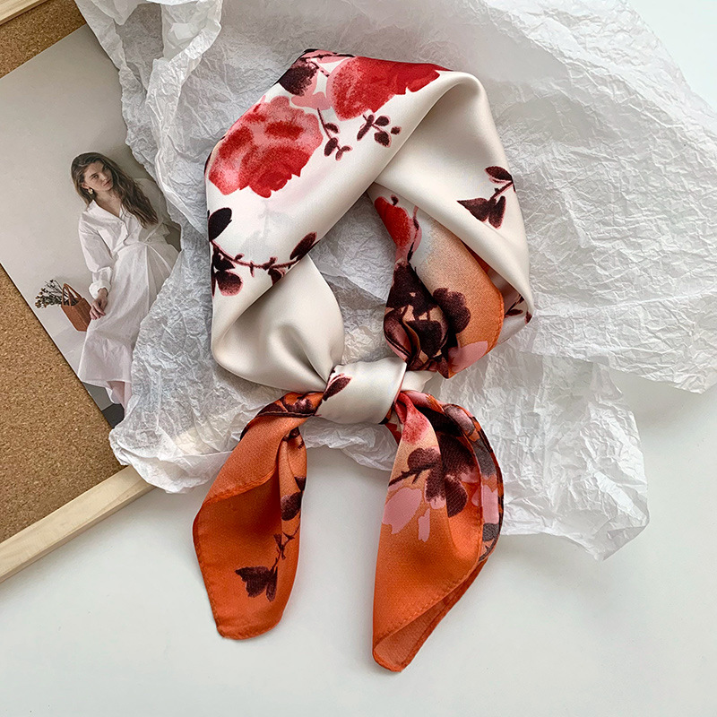 Bufanda de seda, bufanda cuadrada pequeña, sensación premium, nuevo estilo coreano, chal de seda de imitación dulce y fresco, bolso de flores, pañuelo en la cabeza, cinturón para el cabello
