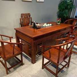 中式实木茶桌椅组合仿古典一体泡茶茶台茶桌老榆木家用办公两用款