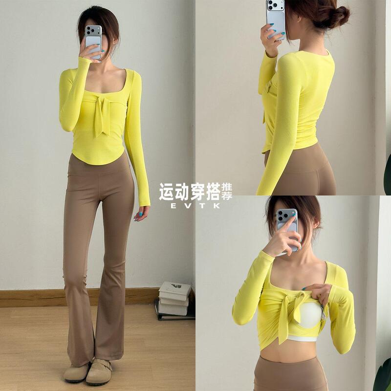 Yoga Set with a Trendy, Lightweight, High-End Feel for Women, Featuring a Square Neck, Sweet Bow, Long Sleeves, Waist-Cinching, Butt-Lifting, and Slightly Flared Pants