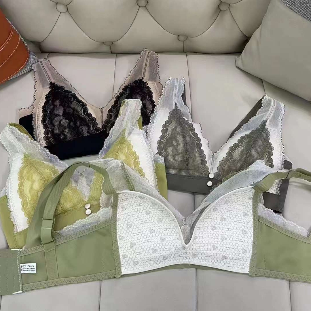 Nuevo sujetador de alta calidad de moda de encaje jacquard transpirable y cómodo ajuste lateral de pecho de cuatro filas de ropa interior de botón