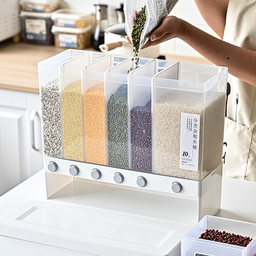 Household Japanese-style wall-mounted rice storage box, moisture-proof and insect-proof sealed pull-out grain tank, large-capacity multi-compartment grain rice bucket