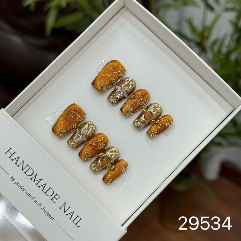 【純手作りのつけ爪29-32】ロングフレンチキャットアイパッチ付け爪、取り外し可能なネイルアートコレクション|undefined