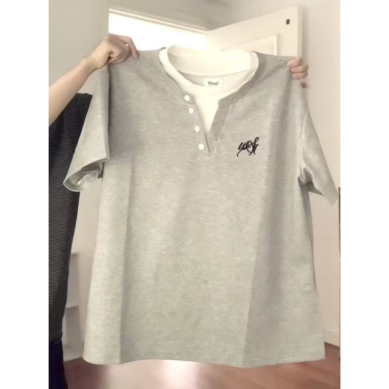 シンプル通勤フェイクツーピースショールTシャツスーツレディース夏ハイウエスト刺繍スカート年齢軽減半袖トップイン|undefined