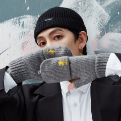 Men's winter knitting gloves, outdoor cycling, lined, warm, embroidered, trendy, touch screen, half finger gloves, windproof and cold-resistant