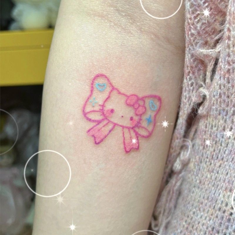 Pink Line Bow Hello Kitty Tattoo Sticker Waterproof Lasting Color Girl Heart Arm Simulation Sticker Washable Pink Line Bow Hello Kitty Tattoo Sticker Waterproof Lasting Color Girl Heart Arm Simulation Sticker Washable