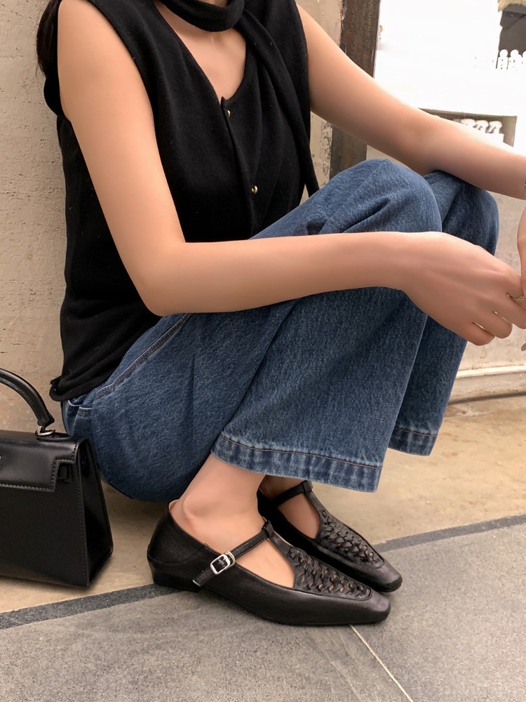 Giày Mary Jane nữ đan T-Strap da thật mũi vuông đế bệt — màu đen, bạc chi tiết 51