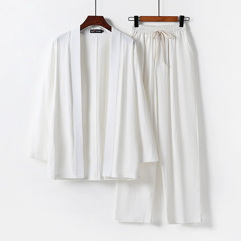 Летний мужской костюм, льняной костюм в китайском стиле, свободный костюм из хлопка и льна с рукавами три четверти, больших размеров, из двух частей, мужской костюм династии Хань