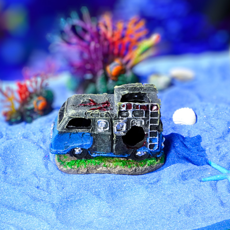 Venta caliente decoración de acuarios restos de coche pecera paisajismo resina pescado camarones adorno esquivar coche viejo autobús spot