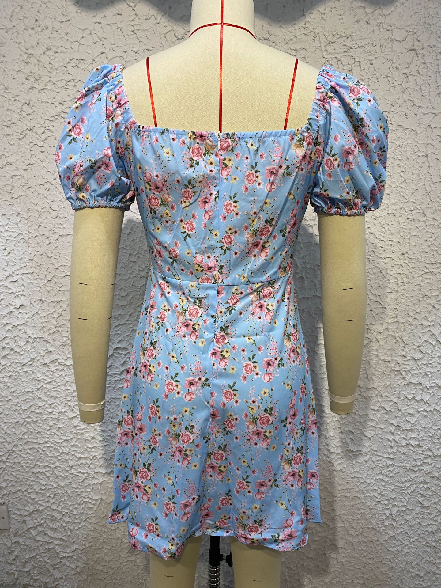 Fashion Printing Square Neck Short Sleeve Printing Zipper Polyester Above Knee A-Line Skirt