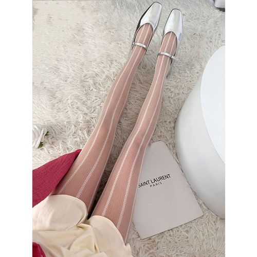 Sweet girly milky white love vertical striped woven pantyhose retro pure lust style personalized purple slimming stockings