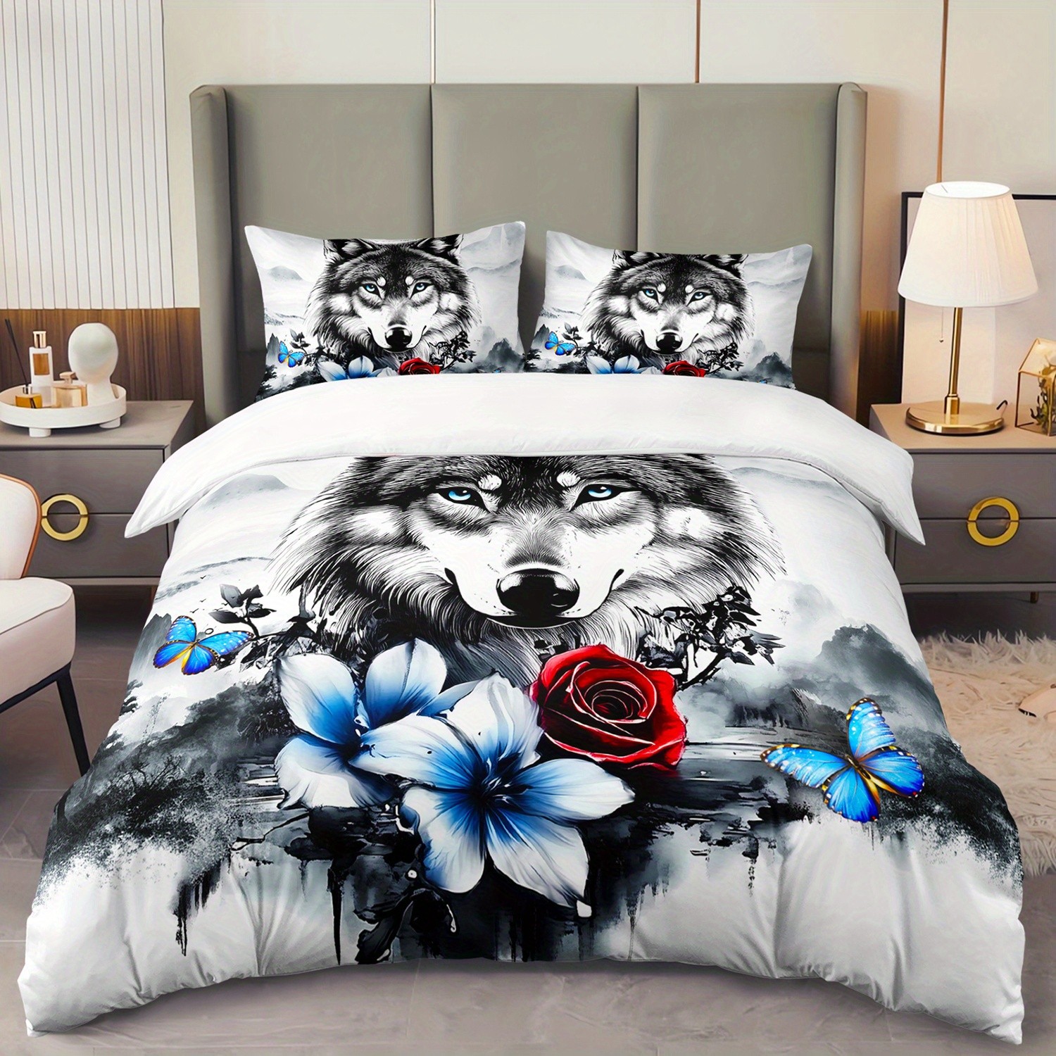 TEMU / JIT transfronterizo impresión digital abrasión edredón kit tridimensional animal lobo blanco estilo textil para el hogar dibujo puede hacer