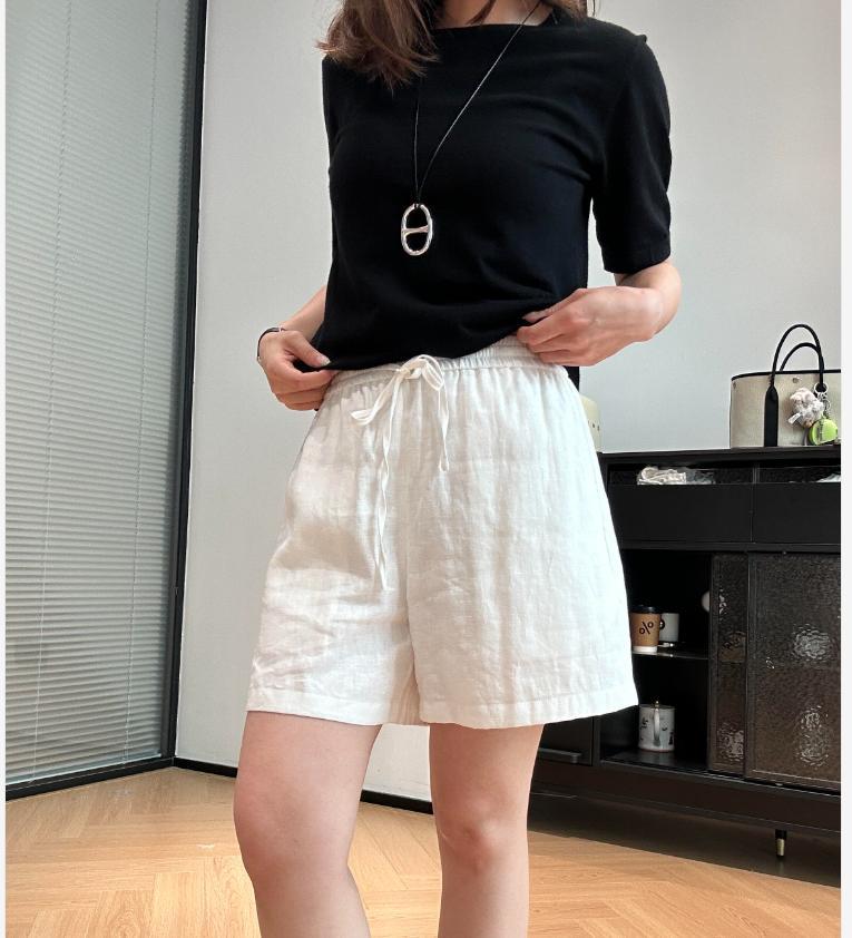 Quần short nữ vải lanh nhập khẩu thiết kế viền tua rua có lót dáng chữ A — xanh lam, màu trắng chi tiết 4