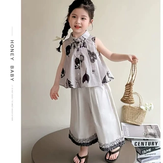 女童夏装套装新款夏季洋气儿童背心宝宝无袖衬衫阔裤两件套