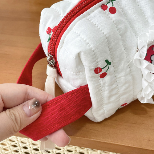 Cherry patch kitty cat cosmetic bag ins style cute storage bag student portable stationery bag cotton wrist bag