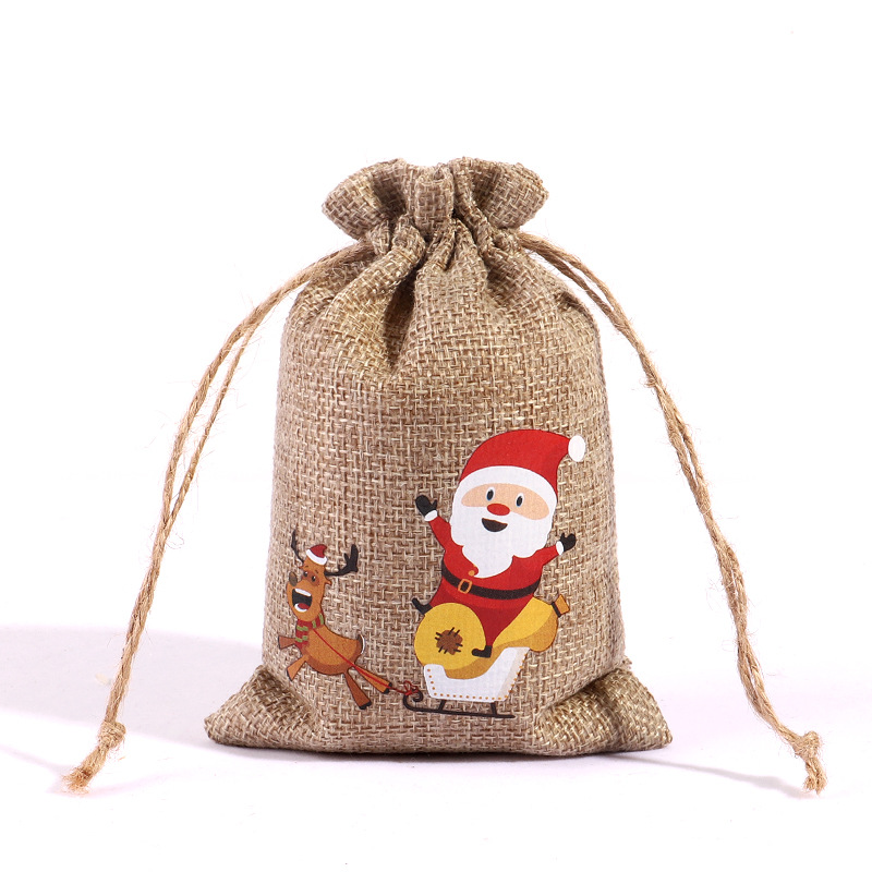Bolsa de regalo de lino de Navidad al por mayor decoración de la fiesta de Navidad pequeña bolsa de tela cordón bolsa de tela de cáñamo ventas directas de fábrica