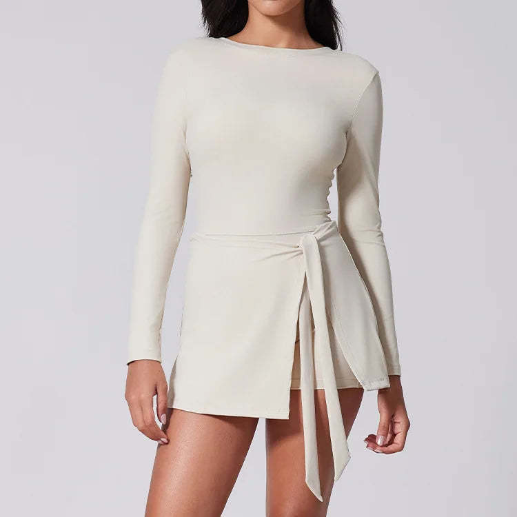 In-Stock Cross-Border Two-Piece Look Tight-Fitting Sports Dress with Anti-Exposure Design, Outdoor Slit, Tie-Up U-Shaped Backless Tennis Dress