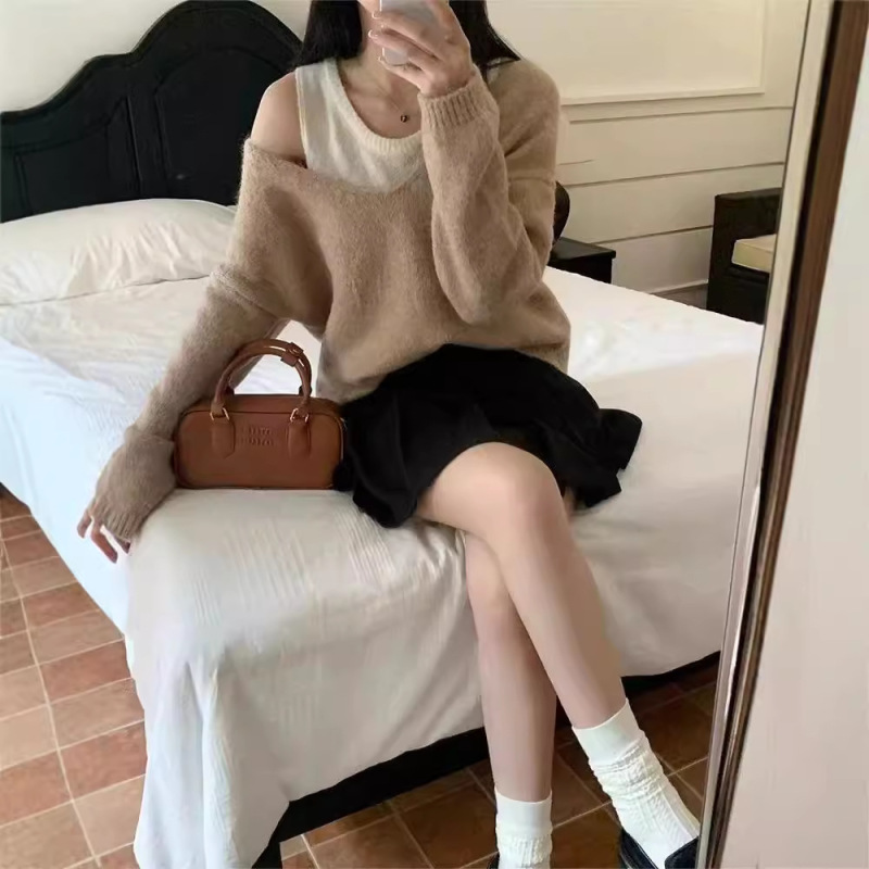 2025秋冬新款两件套时尚韩系针织衫设计感V领套头优质毛衣女软糯|undefined