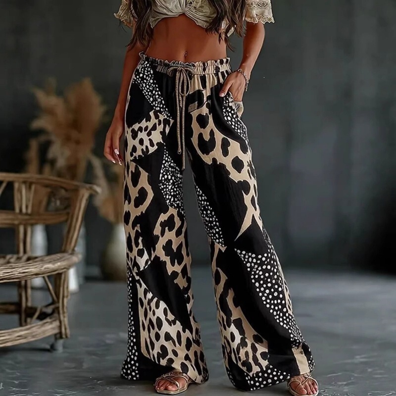 New European and American style leopard print wide-leg pants for summer, high-waisted, slimming, loose, casual long pants with pocket design New European and American style leopard print wide-leg pants for summer, high-waisted, slimming, loose, casual long pants with pocket design
