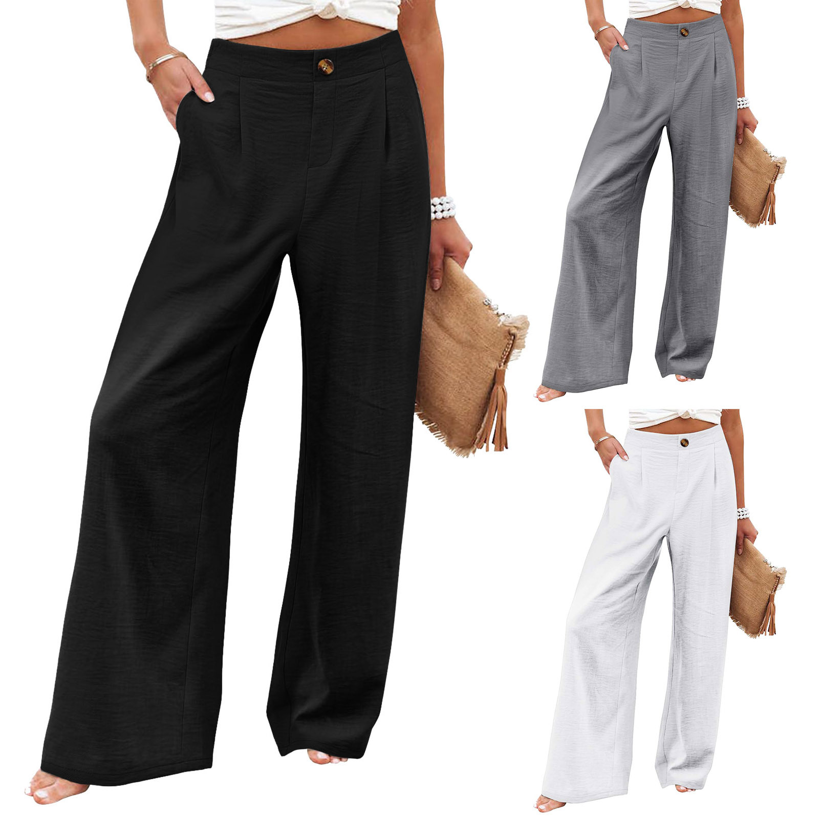 2025 Cross-Border Amazon European and American Summer Plaid High Waist Trousers Button Elastic Waist Wide Leg Pants Women's Casual Straight-Leg Pants