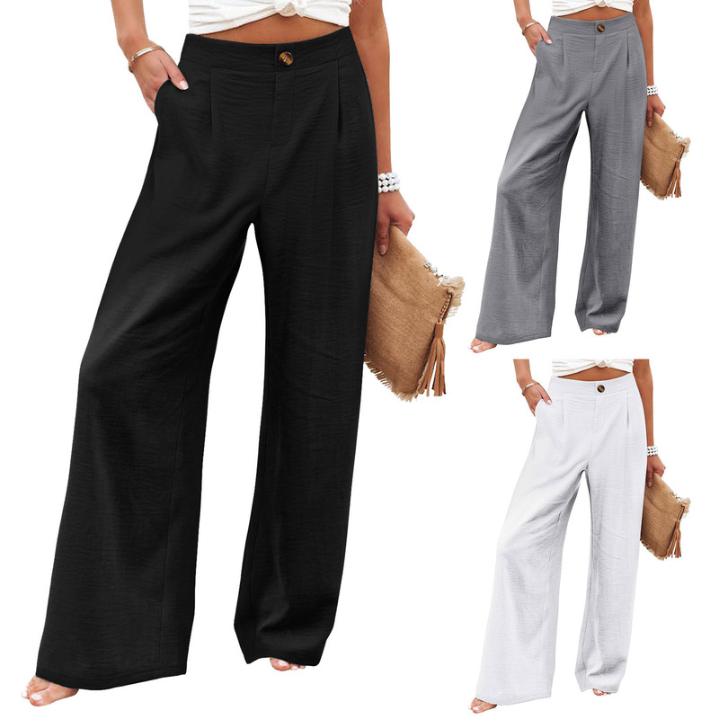 2026 Cross-Border Amazon European and American Summer Comfortable High-Waisted Long Pants with Buttons and Elastic Waist Wide-Leg Pants for Women Casual Straight-Leg Pants