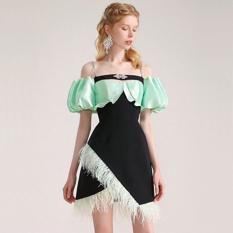 Sugar Power Niche Design Sense Dress Women's Contrast Color Feather Tight Waist Slimming Strap Shoulder Irregular Dress