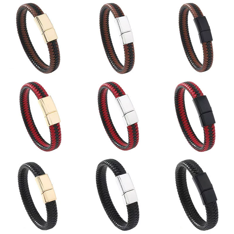 Европейская и американская мода взрывной мужской кожаный браслет ретро плетеный кожаный трос магнитный браслет простой персонализированный аксессуар