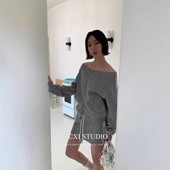CXI 美式慵懒一字肩卫衣半裙套装女早秋松弛感甜辣妹长袖上衣裙子