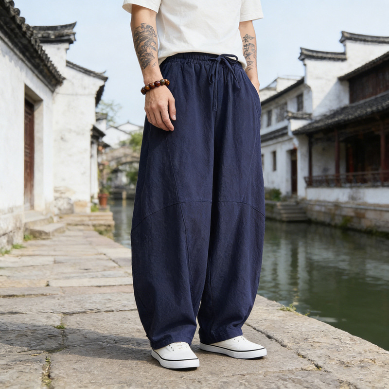 Retro-style men's loose-fitting linen pants, Nepal-style meditation and Tai Chi pants, summer wide-leg casual men's long trousers