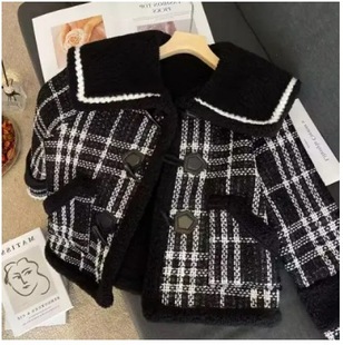 2025 New Winter Style Velvet Thickeneded Loose Short Top Small Fragrant Style Navy Collar Small Plaid Jacket for Women