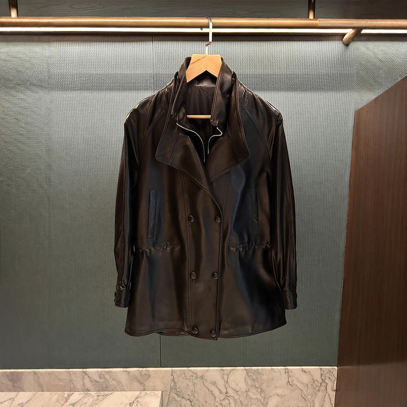 Korean-Style Double-Breasted Mid-Length Genuine Leather Coat with Double-Layer Stand Collar, Drawstring Waist, and Slightly Oversized Silhouette