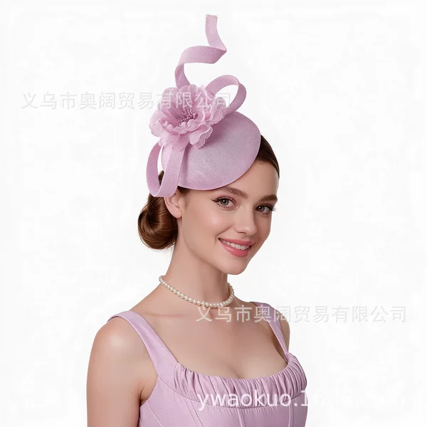 European and American style imitation linen hat with wide brim, mesh face covering, feather and flower embellishments, suitable for horse racing festivals, bridal banquets, and proms; wholesale available