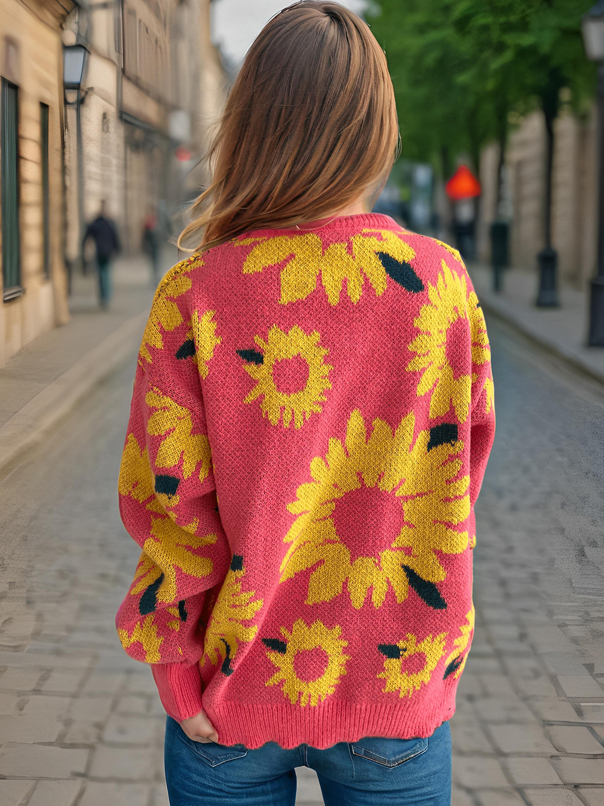 Women's Sunflower Jacquard Knitted Pullover Sweater For Winter_voghion.com