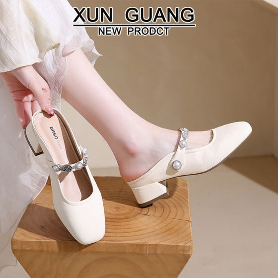 Genuine Leather Toe-Cap Sandals for Women's Outer Wear 2025 Summer New French Thick Heel High-Heeled Women's Shoes Fairy Style Sandals