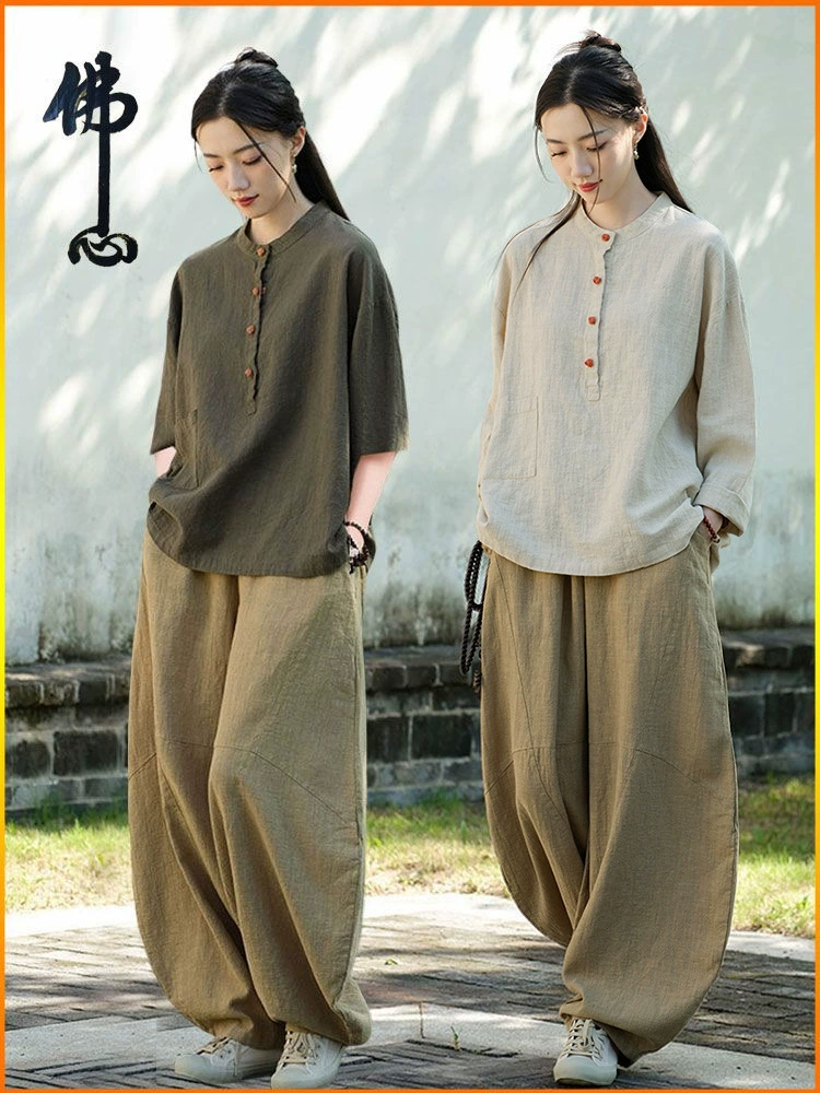 Женский халат из хлопка и льна в китайском стиле с традиционными китайскими пуговицами, одежда для занятий дзен, комплект простой одежды в китайском стиле для буддийского дзен.