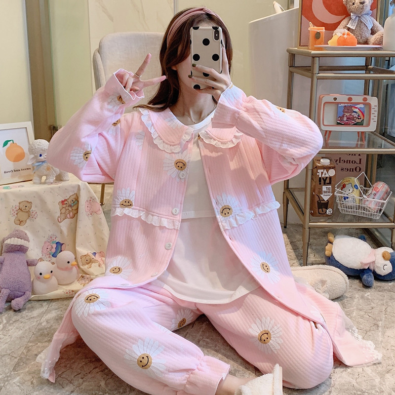 Wholesale autumn and winter thickened air cotton three-piece monthly clothing warm long nightgown pregnant women postpartum breast-feeding pajamas