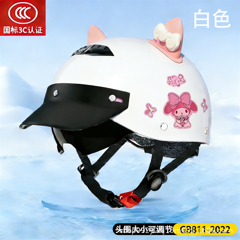 Summer Half – Universal Motosiklet kaskı (dəbilqə) - y3c-white-horse-meile-hidden-mirror-pink-white-cat-ears-adult-summer-helmet