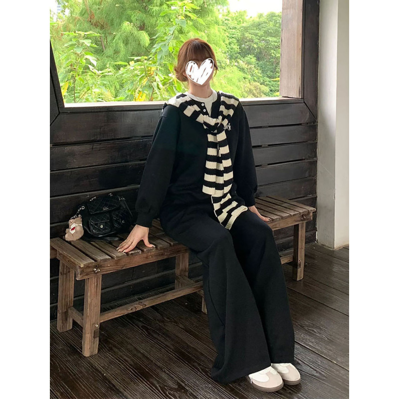 2025韩版学院风条纹披肩黑色运动卫衣休闲裤长裤三件套女早秋穿搭|undefined