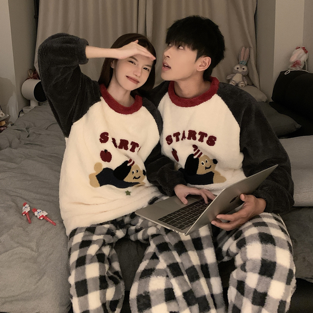 Autumn and Winter Coral Velvet Couple Pajamas for Women Thickeneded Cute Flannel Men's Winter Warm Home Clothes Set