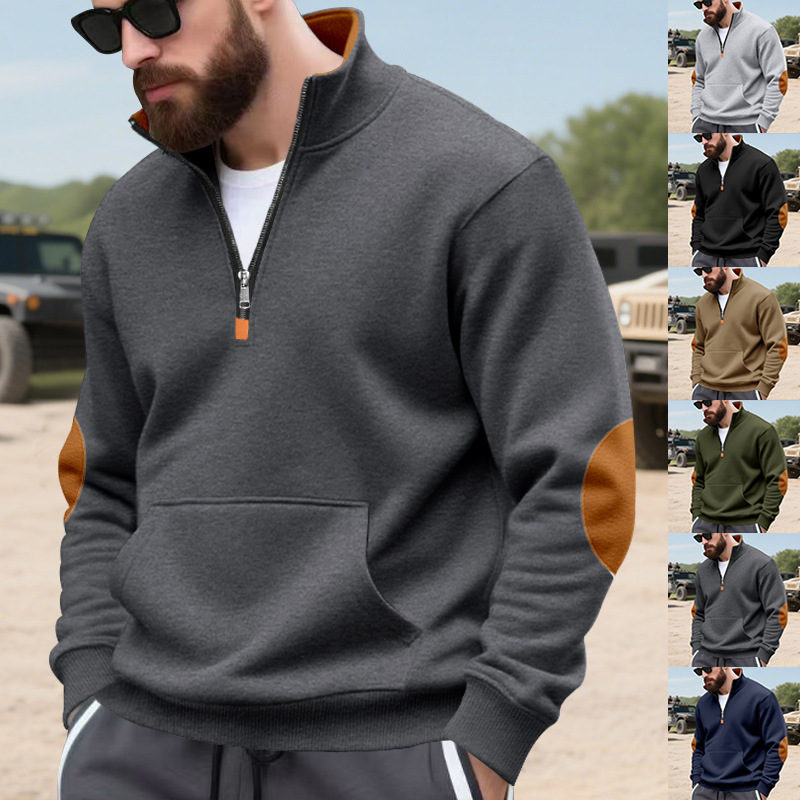 Cross-Border Amazon Autumn Men's Loose Fashion Color-Blocking Patch Half-Zip Fleece Oversized Stand-Collar Sweatshirt for Men