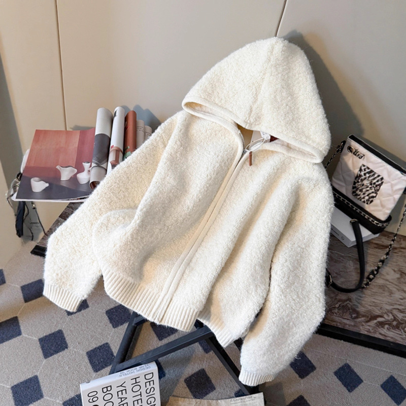 White Design Cashmere Knitwear for Women, Retro Lazy Style Soft Waxy Zipper Cardigan Knitwear, Relaxed Top