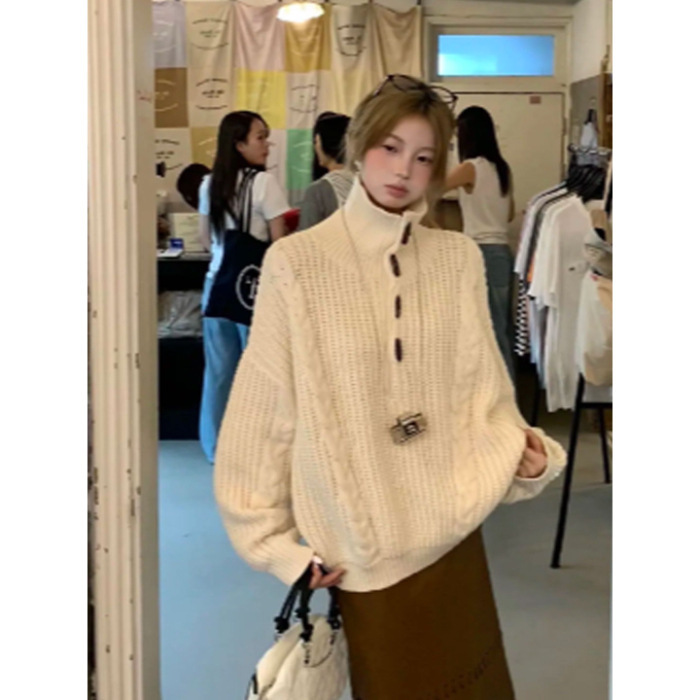 韩系复古麻花高领套头毛衣女秋冬宽松慵懒高级感软糯中长款针织衫|undefined